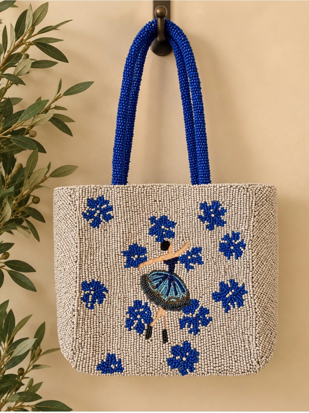 Anthropologie Beaded Ballerina Tote Bag - Blue Floral - VIRAL , Rare